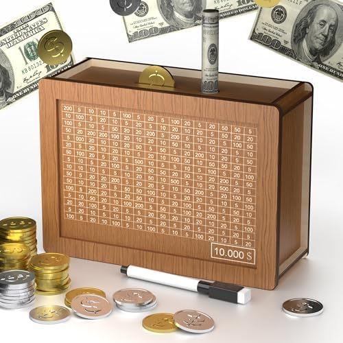 10,000 Savings Challenge Box | Wooden Cash Vault with Erasable Pen
