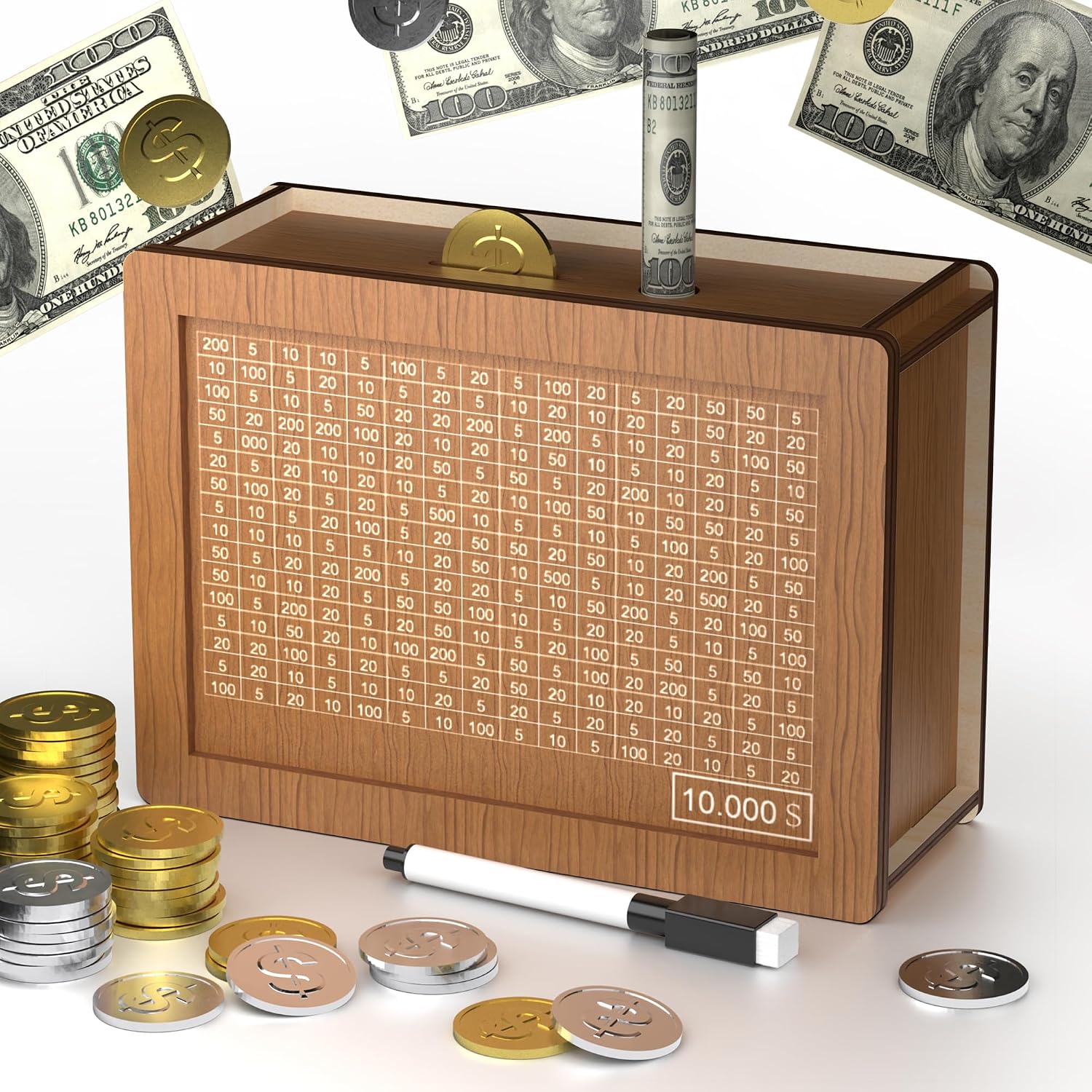 10,000 Savings Challenge Box | Wooden Cash Vault with Erasable Pen