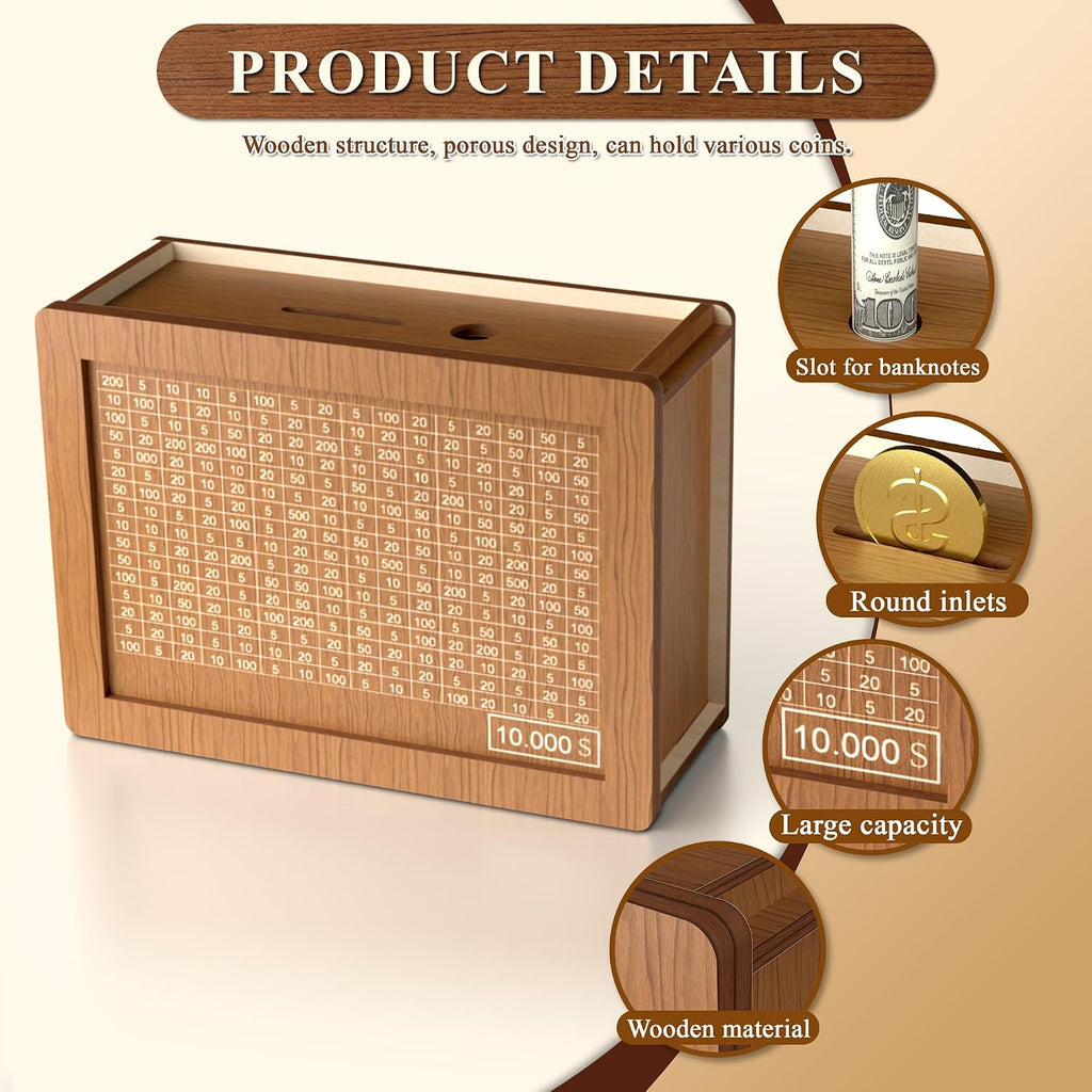 10,000 Savings Challenge Box | Wooden Cash Vault with Erasable Pen