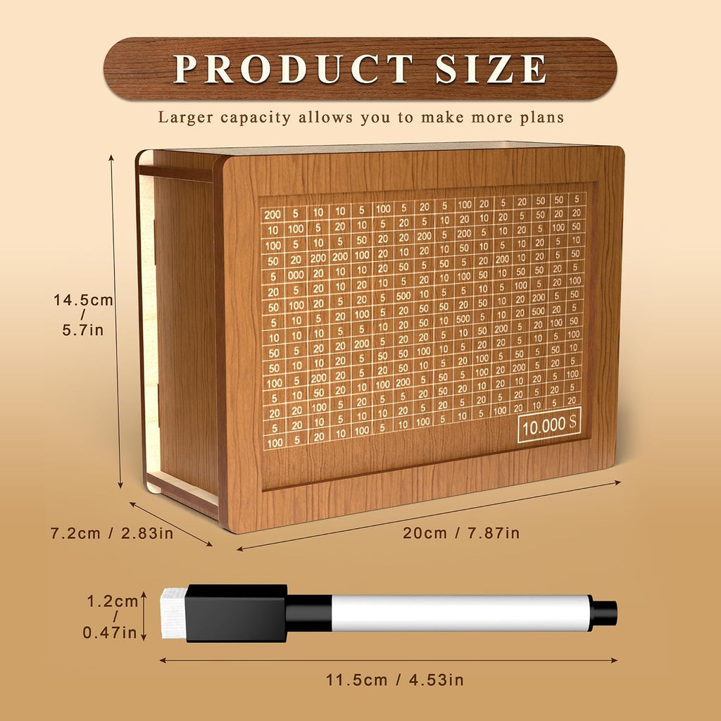 10,000 Savings Challenge Box | Wooden Cash Vault with Erasable Pen