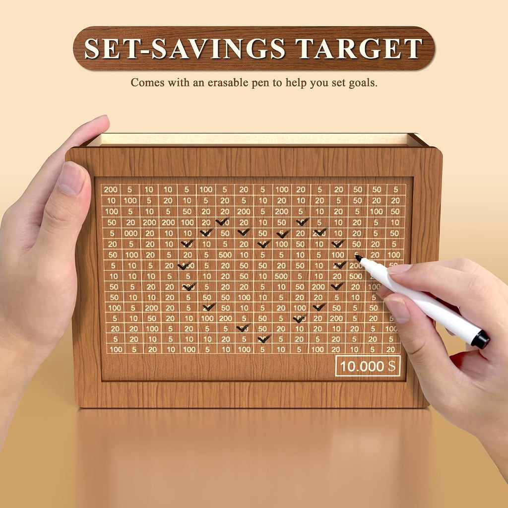 10,000 Savings Challenge Box | Wooden Cash Vault with Erasable Pen