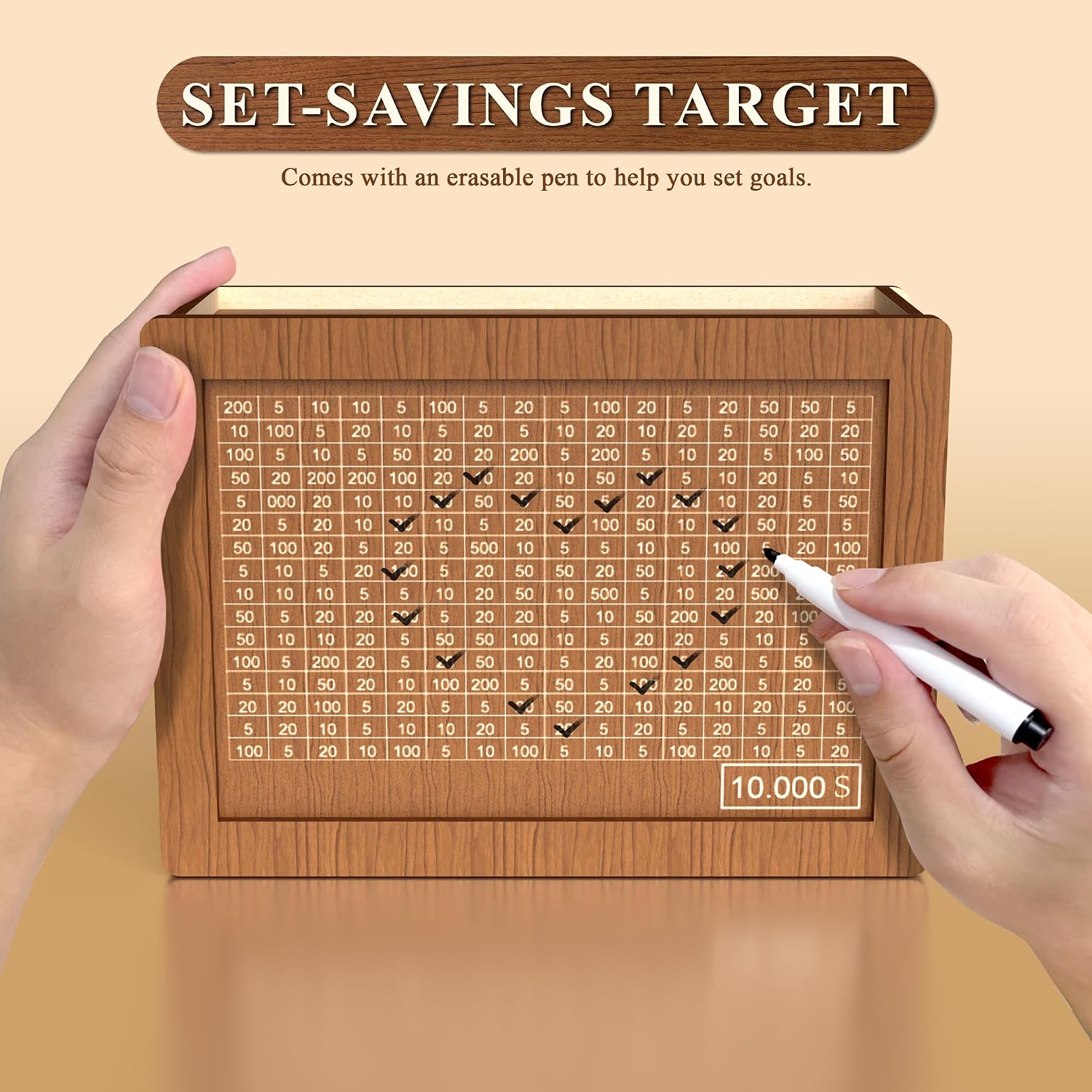 10,000 Savings Challenge Box | Wooden Cash Vault with Erasable Pen